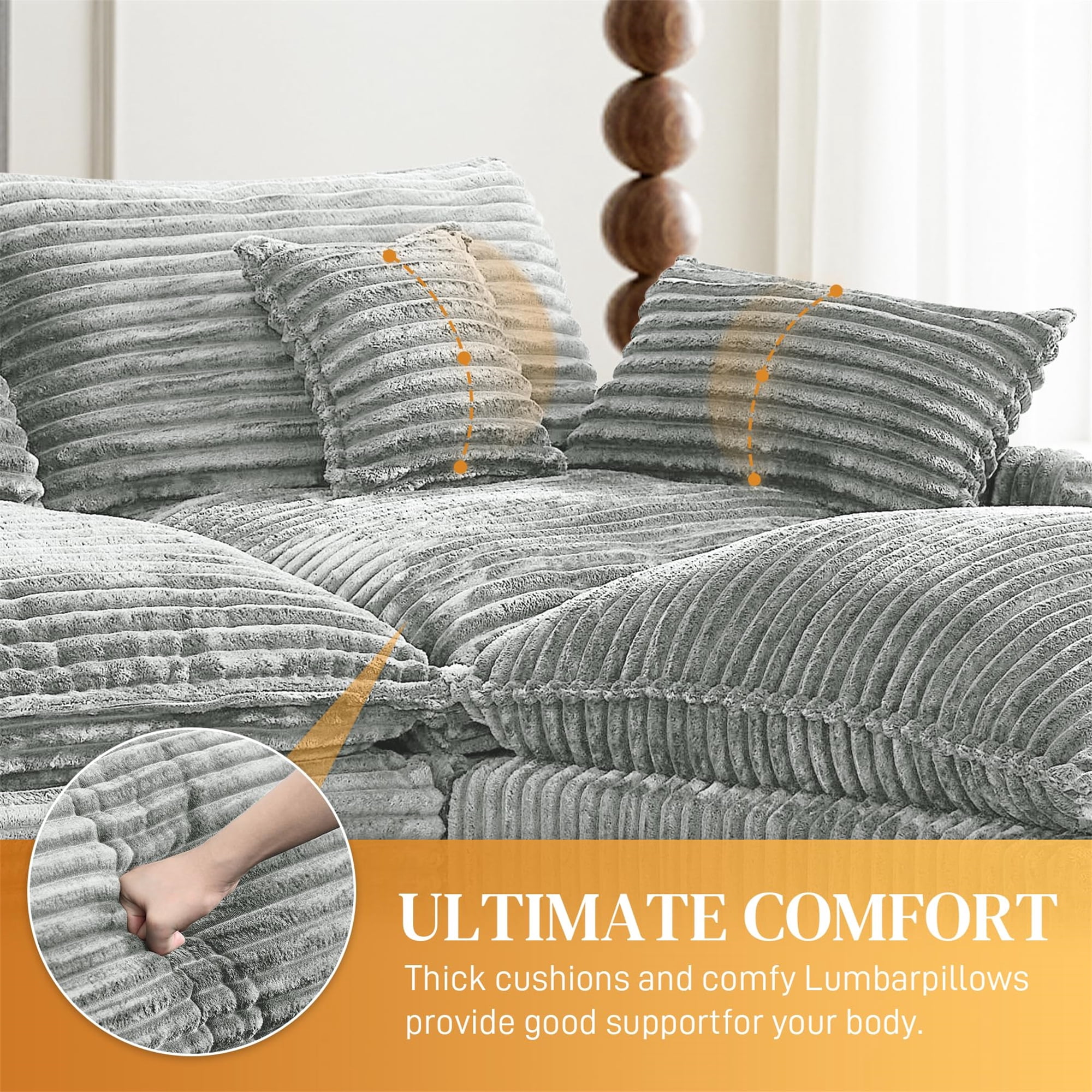 Aukfa 141" U Shaped Cloud Couch Oversized Sectional Sofa with USB & Cup Holder Storage Console Modular Sofa for Living Room, 2 Ottoman, Corduroy, Light Gray