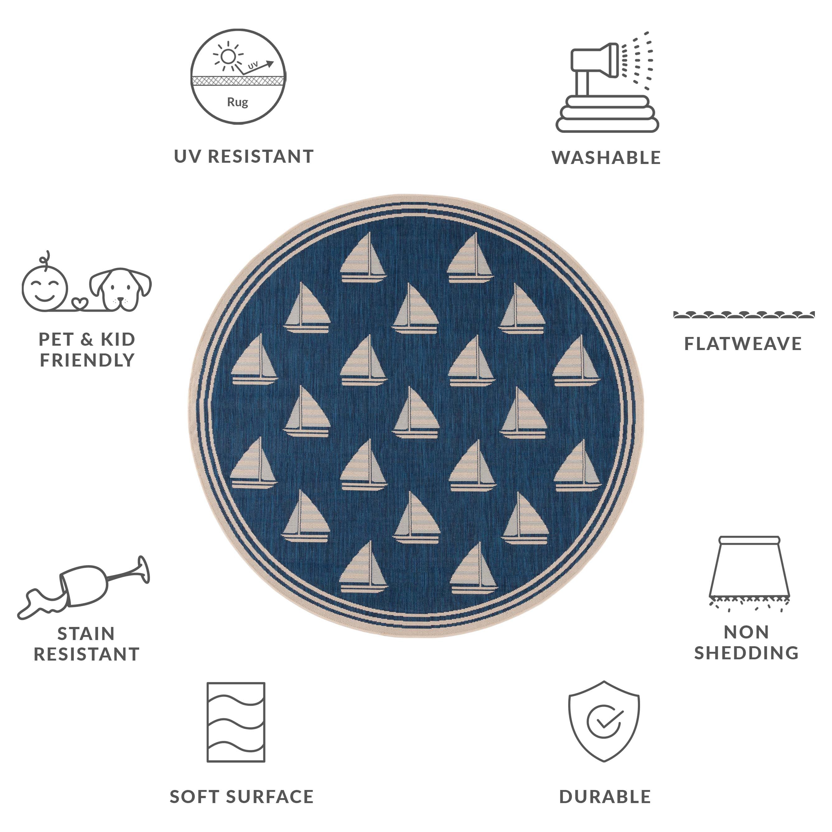 Safavieh Courtyard Ainsley Sailboat Indoor/Outdoor Area Rug, Navy/Beige, 6'7" x 6'7" Round