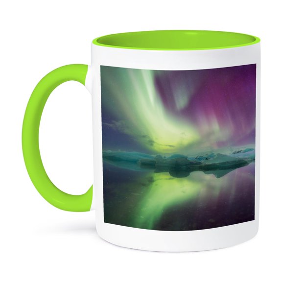 3dRose, Iceland, Jokulsarlon. Aurora lights reflect in lagoon. , 11oz Two-Tone Green Mug