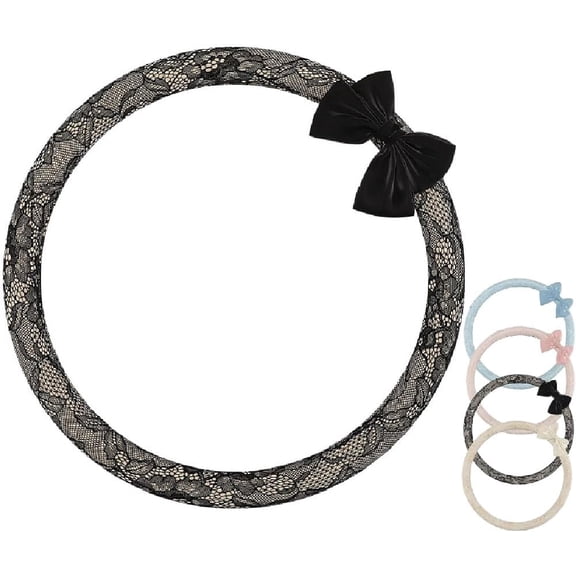 Lace Steering Wheel Cover 15 Inch, Elegant Black Bow-Knot Design, Non-Slip Universal Fit for Women Car Accessories (Round Shape)