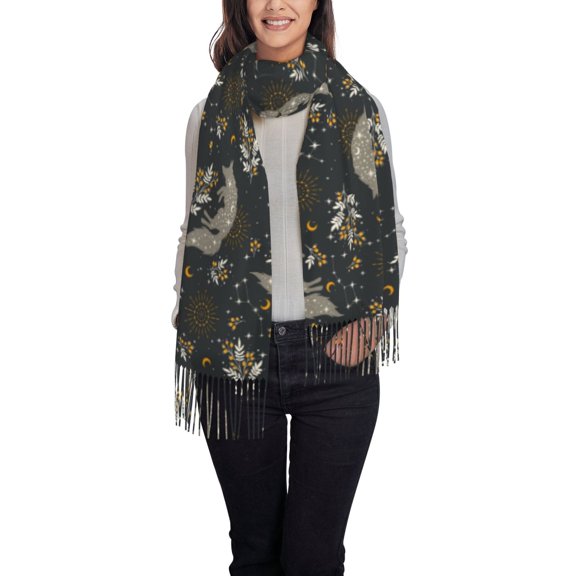 Sikiie Vintage Moon with Plants and Fox Shawl Wraps Big Scarf Tassel Fall Winter Thick Scarf Warm Shawl Women Fall Gifts