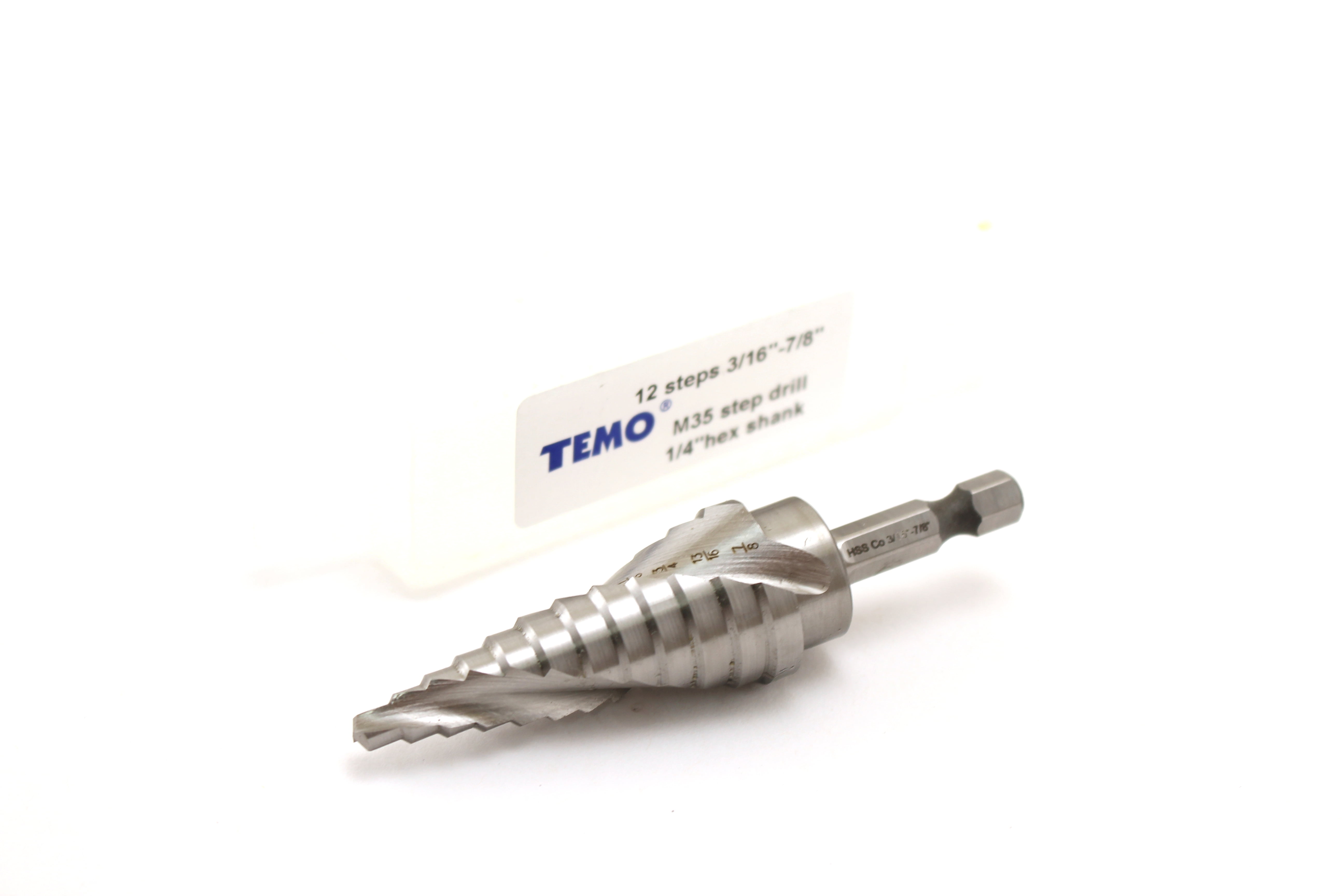 TEMO M35 Cobalt Spiral Flute Step Drill, 12 Size From 3/16 Inch (4.8 mm) To 7/8 Inch (22.2 mm), 1/4 Inch (6.4 mm) Hex Shank
