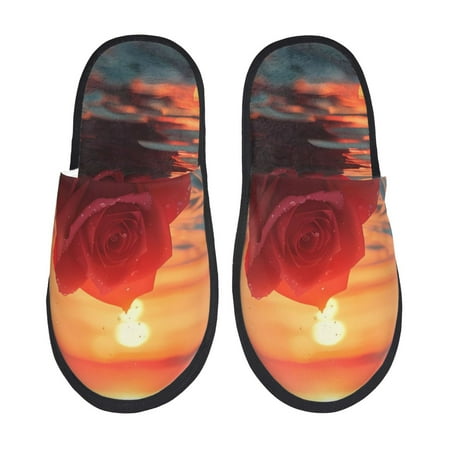 

Honeii Romantic Roses Sunset Ocean Print Furry Slippers Bedroom Slippers for Women and Men Fuzzy Plush Comfy Faux Fur Lined Slide Shoes -Large