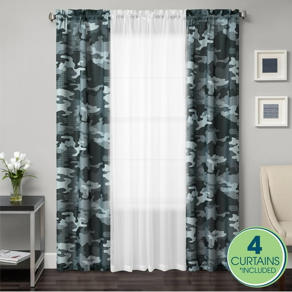 Your Zone Curtain and Sheers Panel Set, 4-Piece, Gray Camo, 27.5" W x 84" L