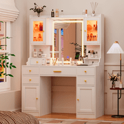 White Makeup Vanity Desk with Mirror and Lights, Large Vanity Table Set with Charging Station, Dressing Table with RGB Cabinets, Makeup Vanity Mirror with Lights Desk and Drawers, 3 LED Lights Modes