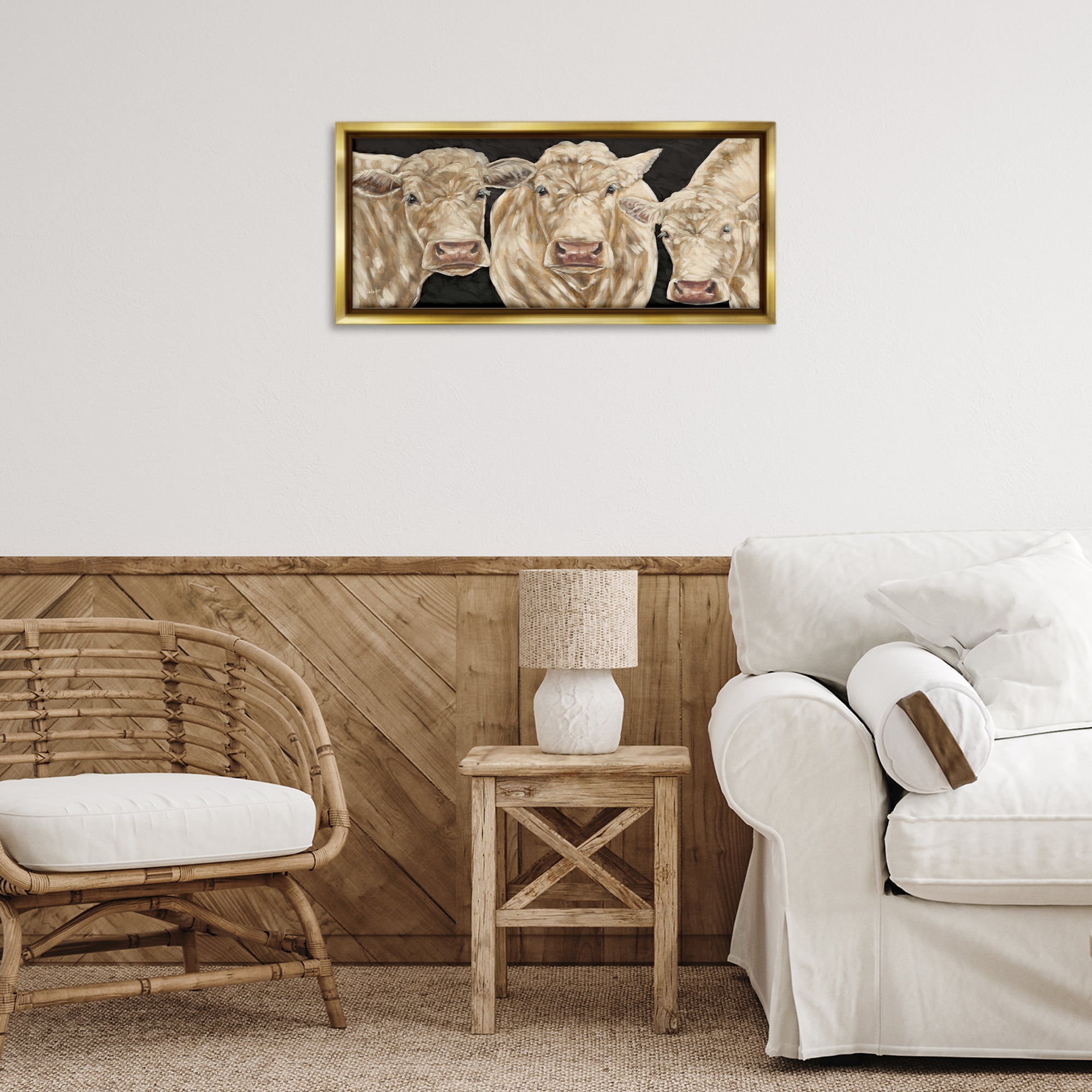 Stupell Industries Three Sheep on Black Animals Painting Gold Floater Framed Canvas Art Print Wall Art, 25 x 11