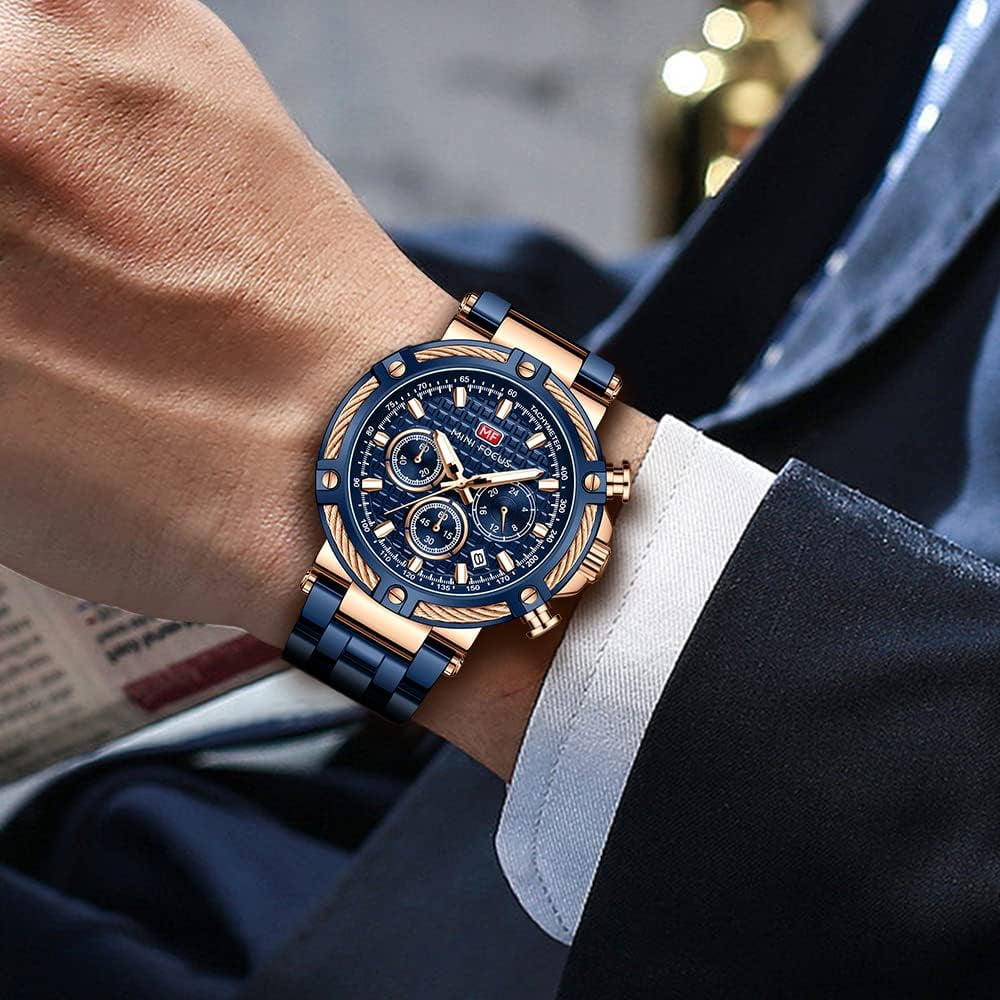 Business Men Watches (Chronograph/Waterproof/Luminous/Calendar/24 Hours) Big Face Stainless Steel Band Watches for Men