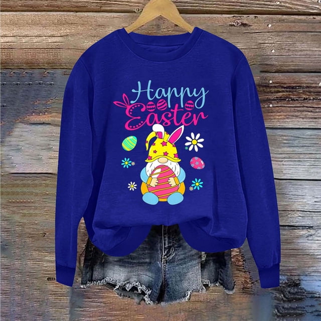 Jsaierl Chandails de Pâques pour Femmes Tendance Imprimé Graphique Lapin Pulls Décontractés Manches Longues Col Rond