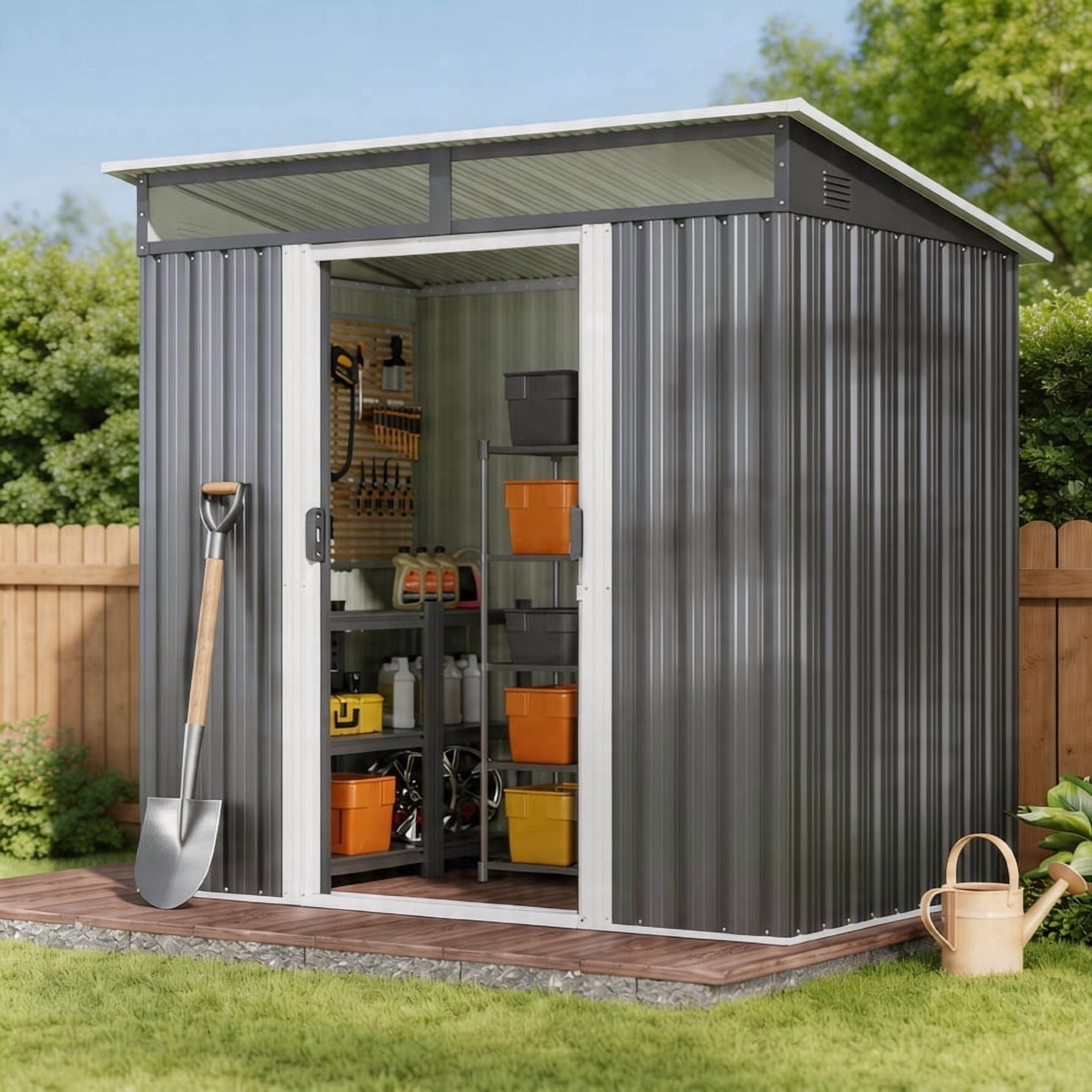 Asofer 6'x4' Outdoor Storage Shed with Window, Heavy Duty Galvanized Steel Metal Shed for Backyard & Patio, Dark Gray