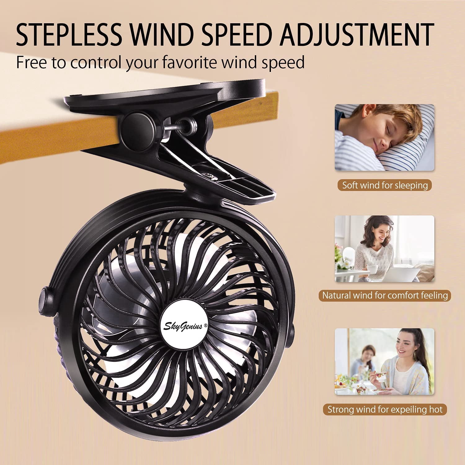 SkyGenius Portable Clip on Fan Battery Operated Fan with Hanging Hook Rechargeable Stroller Fan, Black