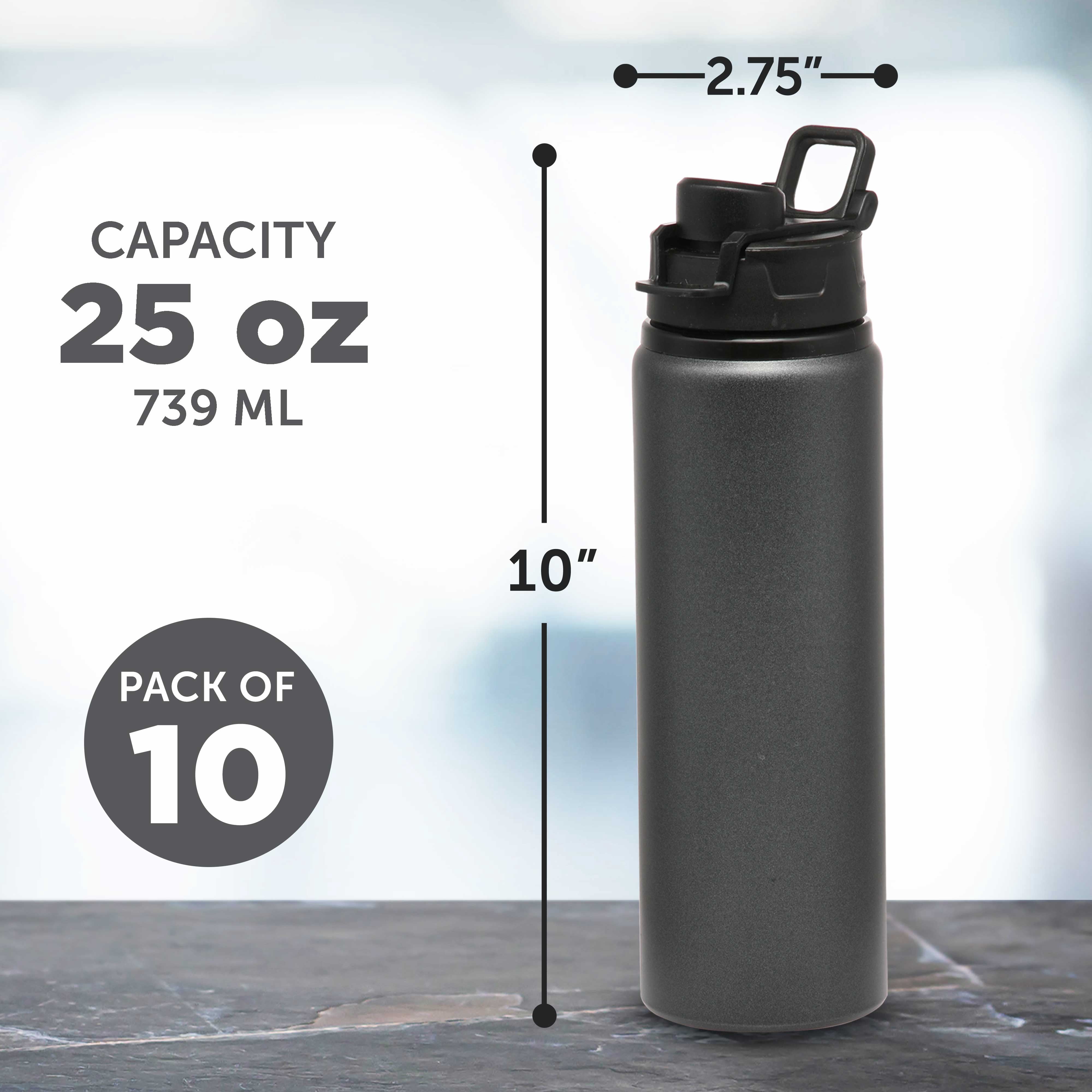 Aluminum Water Bottles with Snap Lids 25 oz. Set of 10, Bulk Pack - Reusable, Great for Gym, Hiking, Cycling, For School - Charcoal