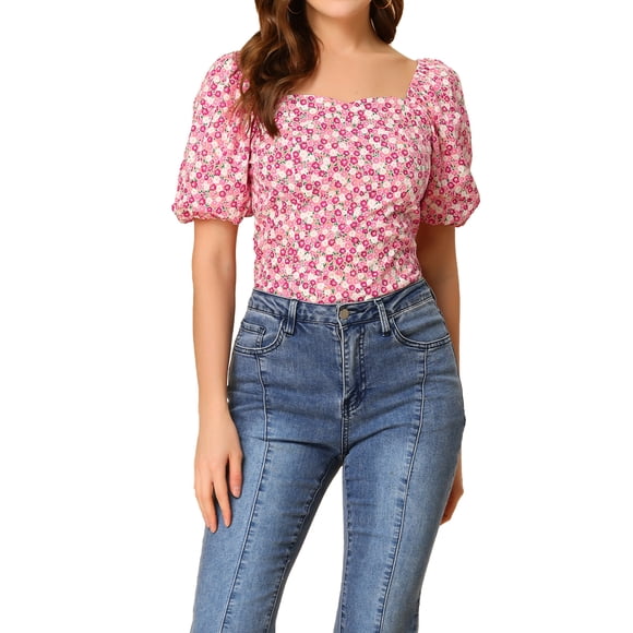 INSPIRE CHIC Women's Puff Sleeve Tops Sweetheart Neck Smocked Floral Blouses M Pink