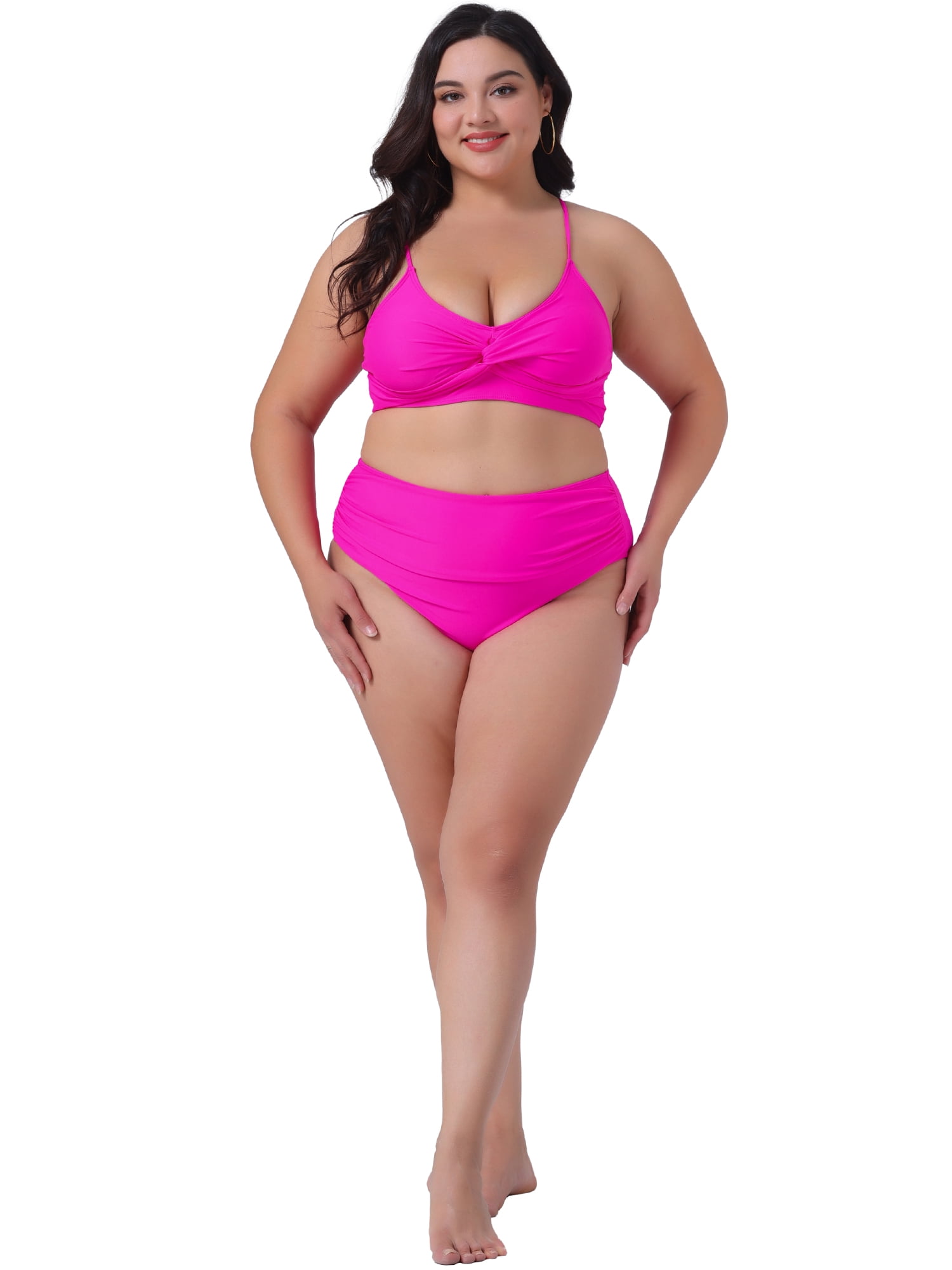 DARING DIVA Plus Size V Neck Tummy Control Two Piece Swimsuit L Hot Pink