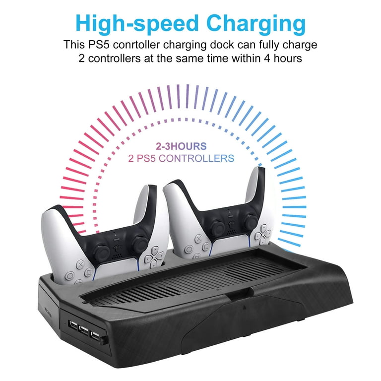 AGPtek Vertical Stand for PS5 Slim / PS5 Cooling Fan Dual Controller  Charging Station 3 Extra USB Port 