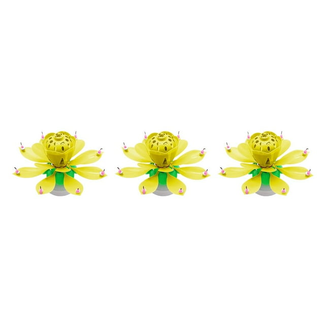 QualitChoice Exquisite Rotating Flower Shape Music Candle Wedding Birthday Cake Candles Portable Home Decorations for Children Yellow 3Set