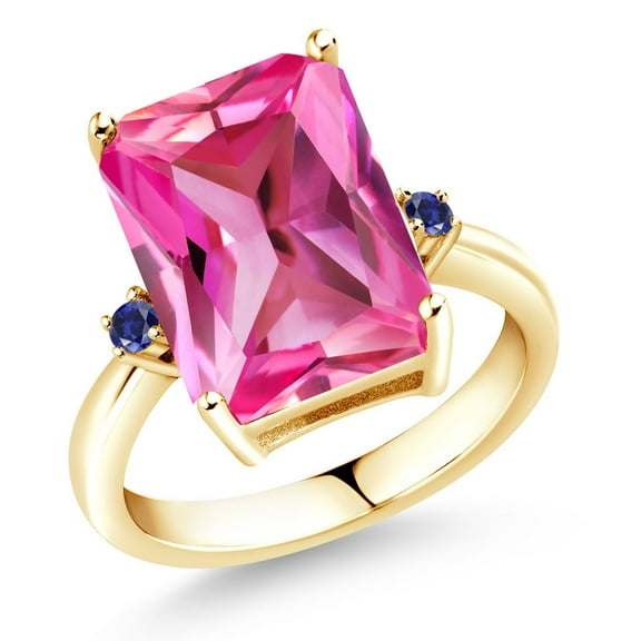 Gem Stone King 18K Yellow Gold Plated Silver Pink Created Sapphire and Blue Created Sapphire Ring for Women (10.09 Cttw, Emerald Cut 14x10MM, Gemstone September Birthstone, Size 8)