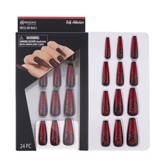 Expressions 24-Pack Self Adhesive Halloween Press-On Nails - Red Glitter & Spiderwebs