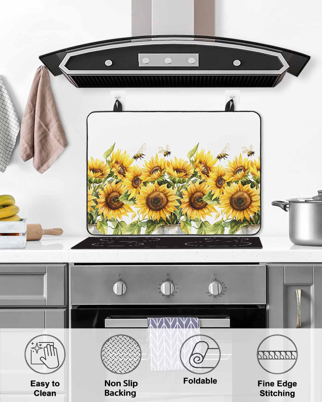 nqOlkjepod Large Induction Cooktop Protector Mat 36"x21", Sunflower Bee Stove Top Covers for Electric Stove, Watercolor Yellow White Summer Spring Stove Burner Cover Mats, Glass Top Stove Cover