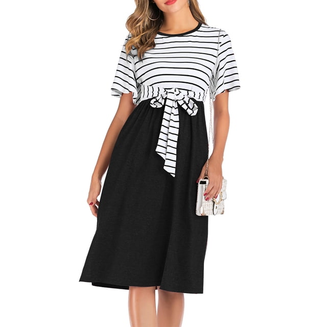 CEHVOM Robe à Rayures à Manches Courtes Col Rond pour Femmes Enceintes