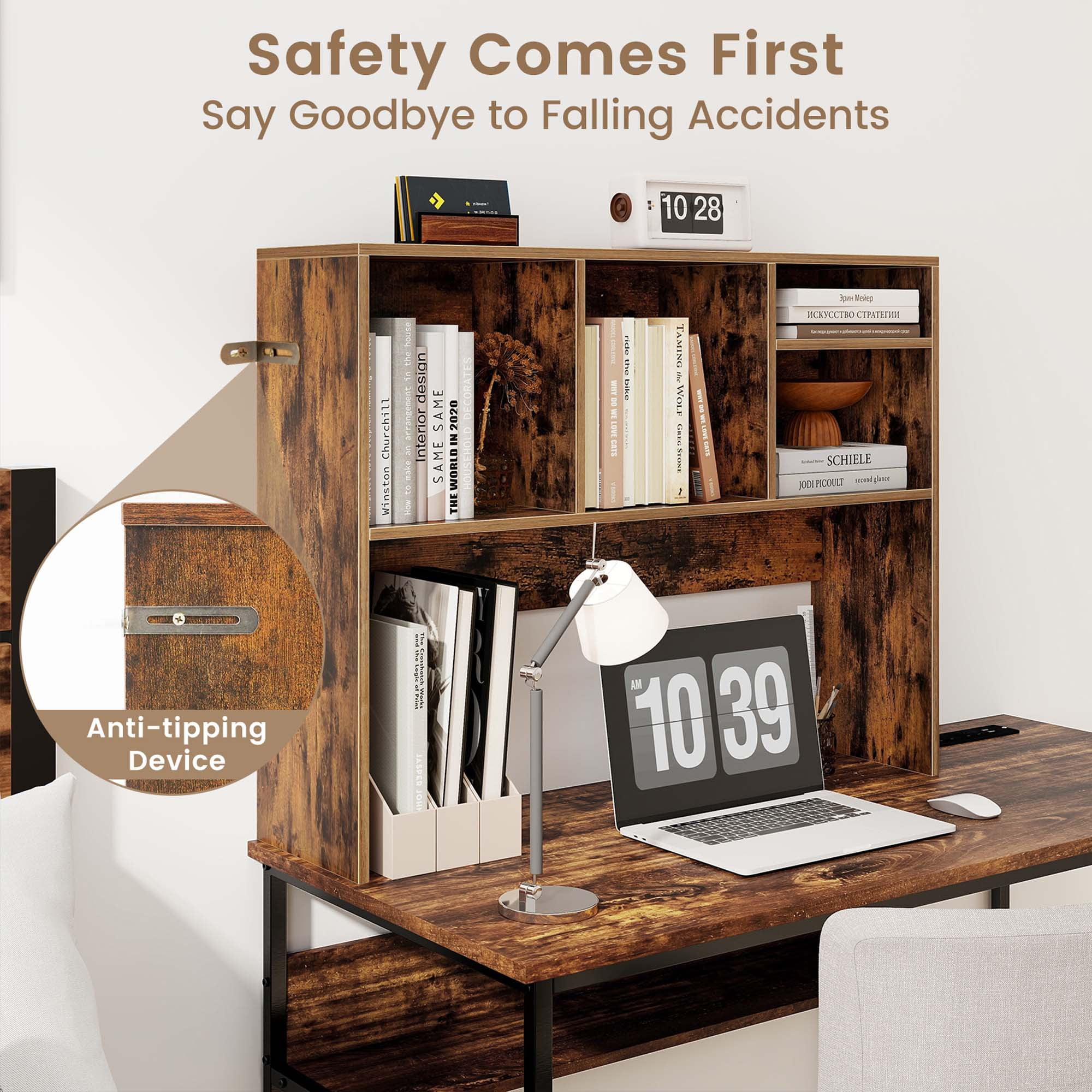 Costway Computer Desktop Bookcase Countertop Storage Bookshelf Organizer with 4 Cubbies Coffee