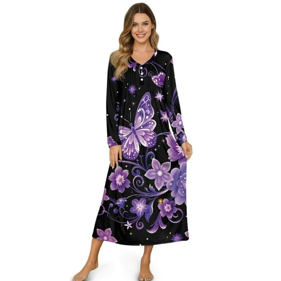 FUIALDOLG Purple Butterfly Floral Print Nightgowns for Women Soft Long Sleeve Sleep Shirt Womens Loose Sleepwear Comfy Loungewear Plus Size Nightshirts, Small
