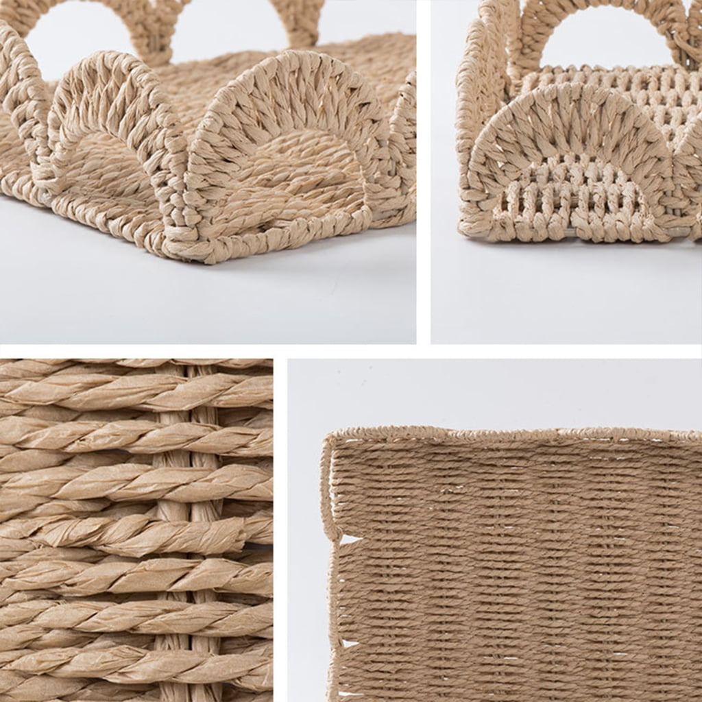 Zeiwohndc Handwoven Paper Rope Desk Organiser Natural Rattan Storage Tray for Desktop