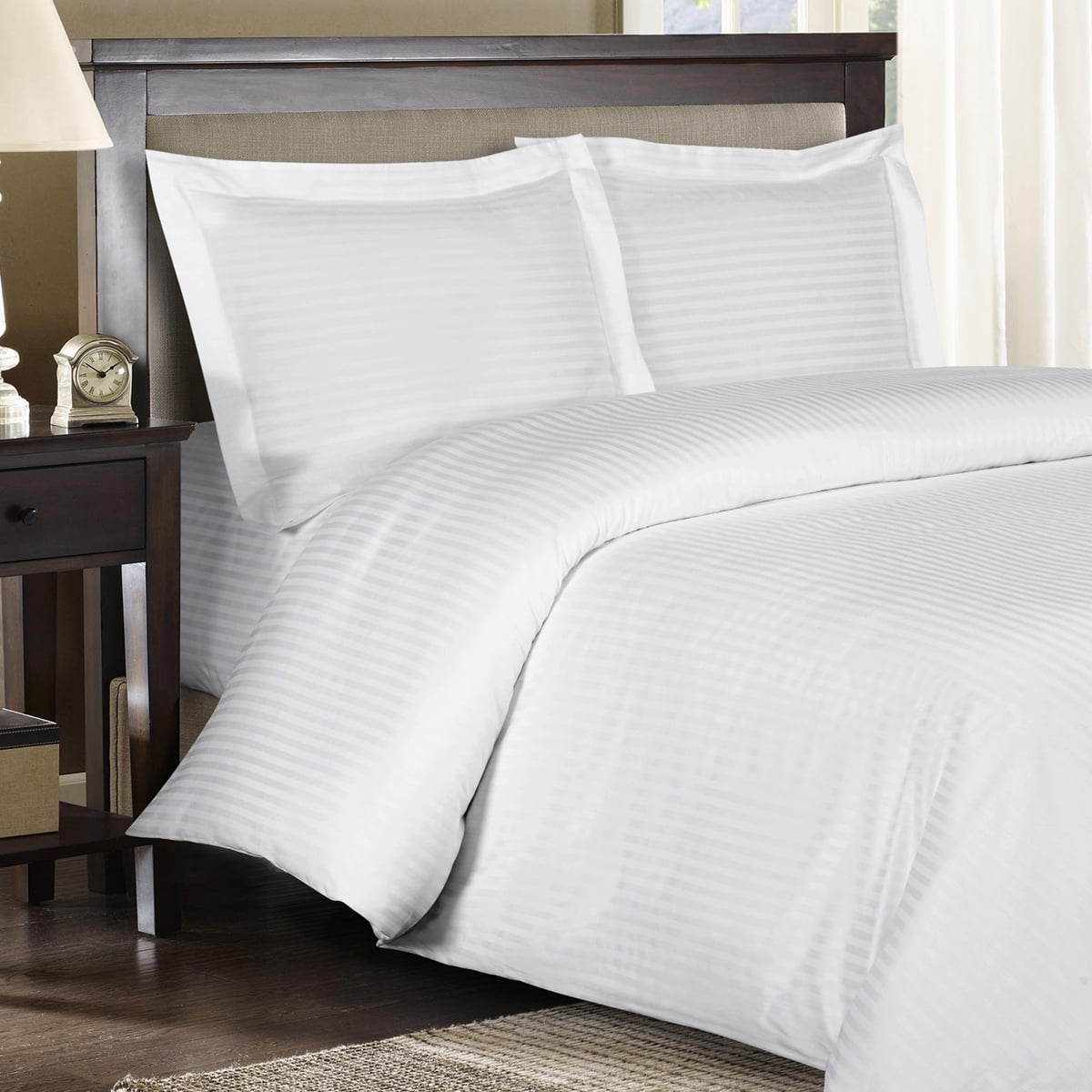 600 Thread Count Duvet Cover Set 100 Cotton Sateen Damask Striped Full/Queen White