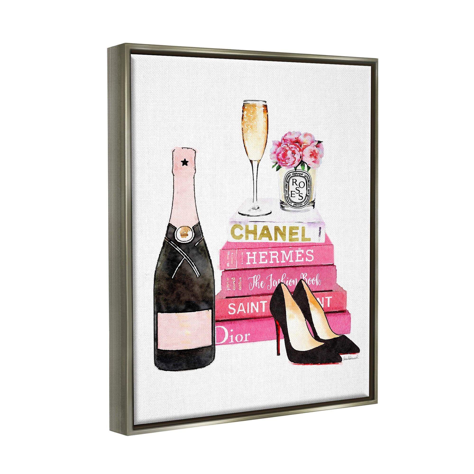 Stupell Industries Glam Pink Fashion Book Champagne Hells and Flowers Luster Gray Framed Floating Canvas Wall Art, 16x20, by Amanda Greenwood