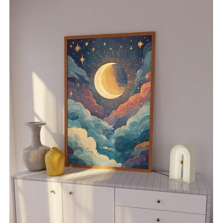 Golden Crescent Moon Wall Art Print Mystical Celestial Moon Poster Starry Night Sky Landscape Art Dreamy Clouds Bohemian Bedroom Decor Wall Art Modern Wall Decor 8x12 UNFRAMED
