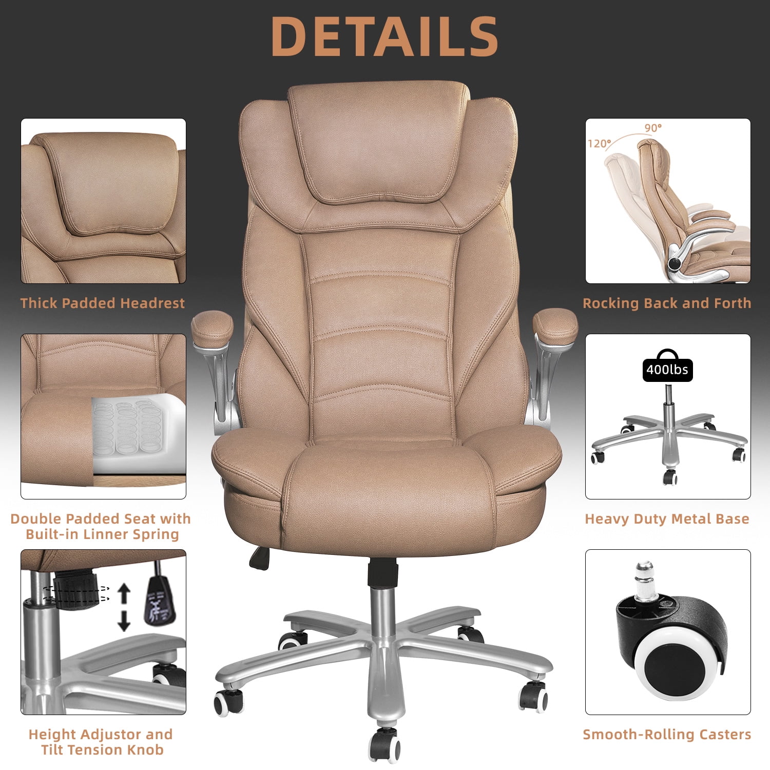 Reclining Executive Office Chair with Footrest, HomeZeer High Back Big and  Tall Office Chair 400lbs Wide Seat with 180° Backrest, Ergonomic Leather  Managerial Desk Office Chair Heavy People, Gray 