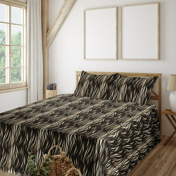 Ambesonne Exotic Fitted & Flat Sheet with Shams 4 Pcs Set, Animal Print Like Stripes, King, Dark Brown and Eggshell