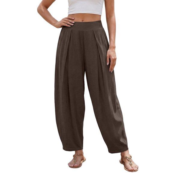DHFJKG Womens Harem Pants Summer Casual Loose Fit Mid Rise Pleated Solid Color Tapered Pants With Pockets Lightweight Linen Soft Leisure Trousers