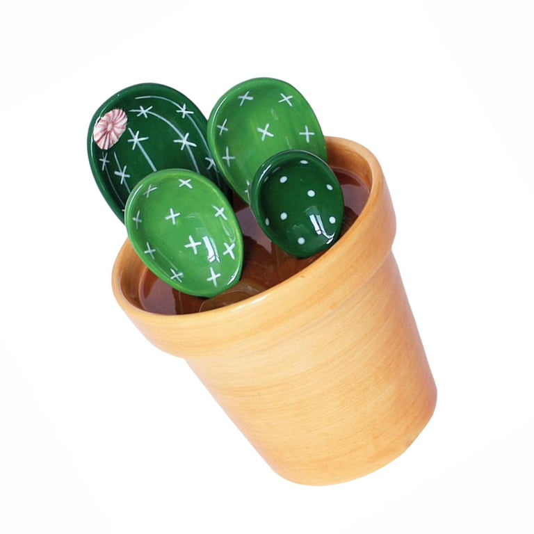 Ceramic Cactus Measuring Spoons set in pot organizer, 5 Pieces cute  measuring cups and spoons set for kitchen dry wet measuring Liquid food  salt and