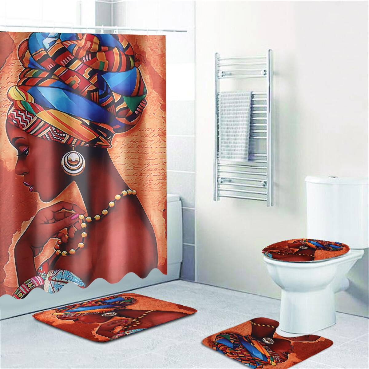 Bath Mat Set Bathroom Shower Curtain Extra Long Non-Slip Rug Toilet Lid Cover