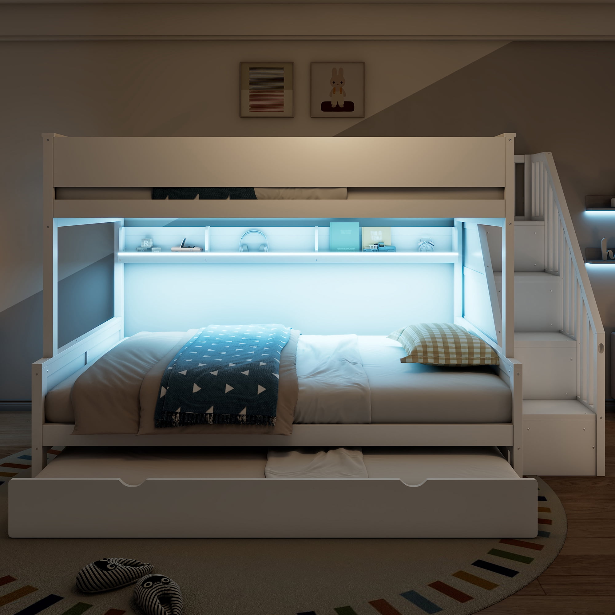 Euroco Full XL over Queen Bunk Bed with Storage Staircase and Shelves, Wood Bed with Trundle and LED Light, White