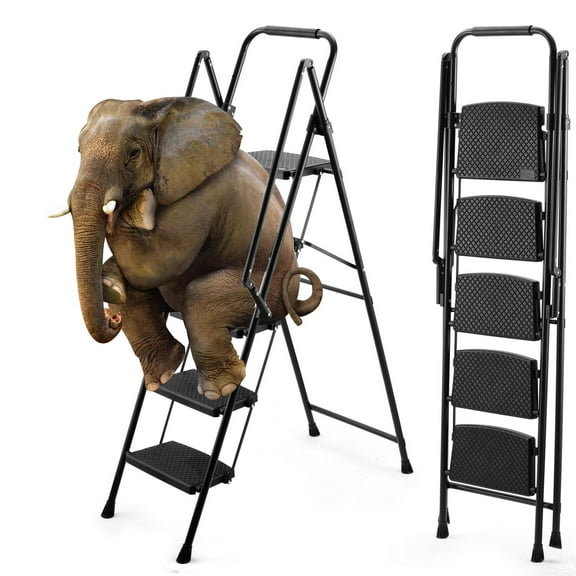 Geemuslly Folding 5-Step Ladder, Portable Steel Step Stool with Anti-Slip Pedals, Safety Handrail, 350 lbs Load Capacity for Home & Office