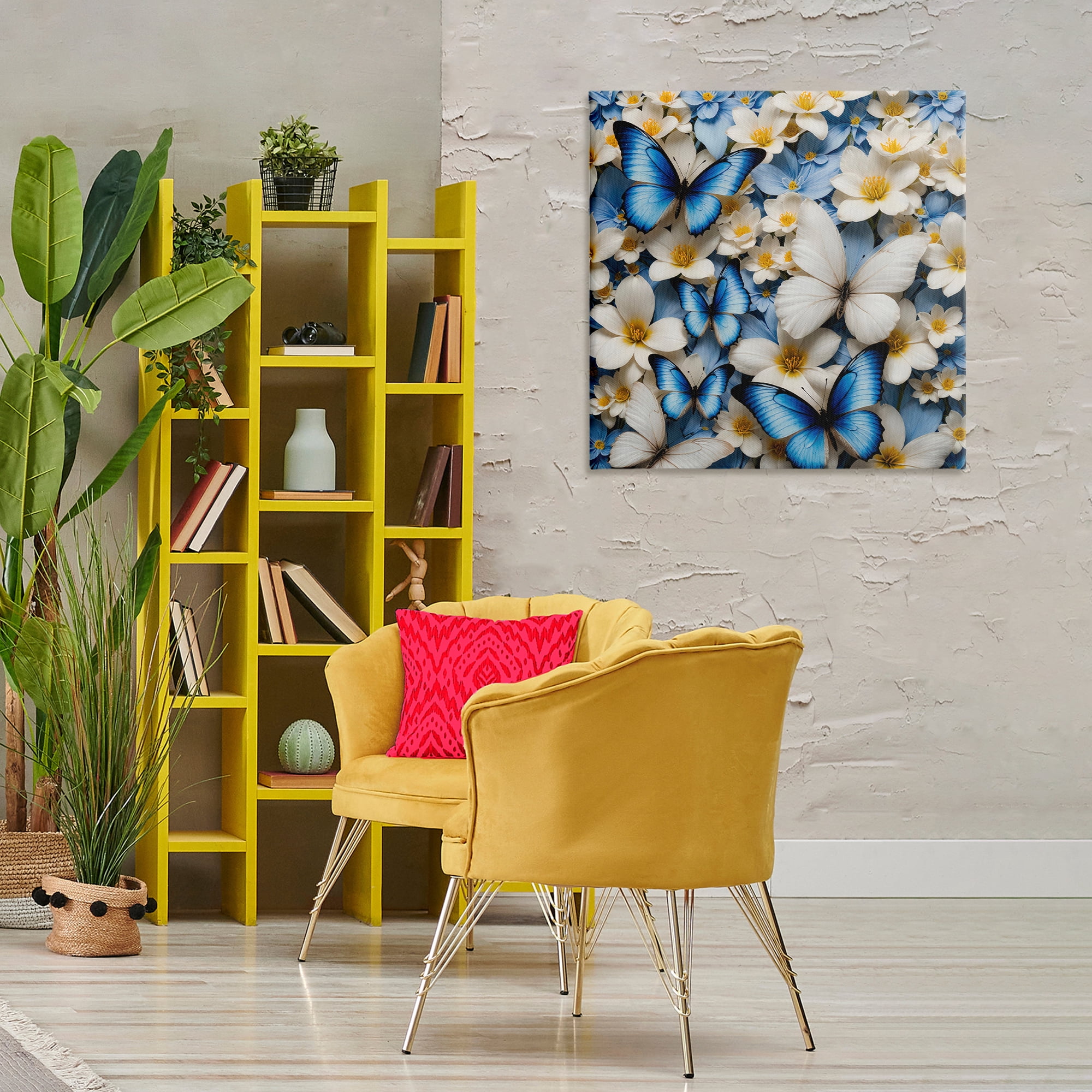 Stupell Industries Blue & White Floral Butterflies Plants & Flowers Painting Wrapped Canvas Art Print Wall Art, 30 x 30