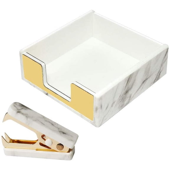 Sticky Note Holder Dispenser Mini Staples Removers Puller Tool Office Supplies Set Desk Accessories Organizer, Marble White N Gold