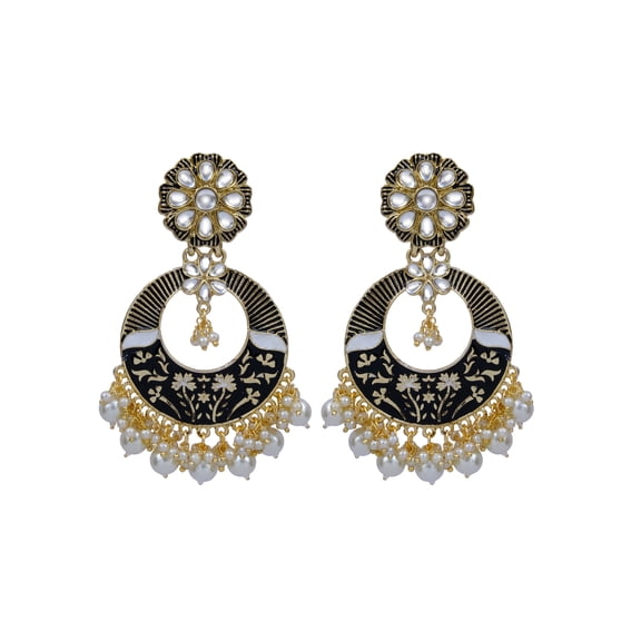 Crunchy Fashion Bollywood Jewelry Traditional Ethnic Bridal Bride Wedding Gold Plated Indian Designer Kundan Studded Meenakari Chaandbali Earrings Set For Women