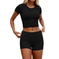 thumbnail image 1 of Conjunto de dos piezas con pliegues y manga corta para mujer: top con cuello redondo y pantalones de cintura alta y pierna ancha, tejido elástico, para todas las estaciones, 1 of 4