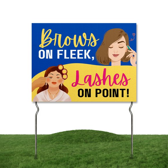 Brows on Fleek, Lashes on Point! Panneau de Cour par DC / 24"x18 Pouces Panneau de Jardin Double Face Lashes & Brows avec Piquets Métalliques de 13” / Panneaux Extérieurs Imperméables pour Pelouse, Patio, Trottoir et Maison / Ensemble de 5
