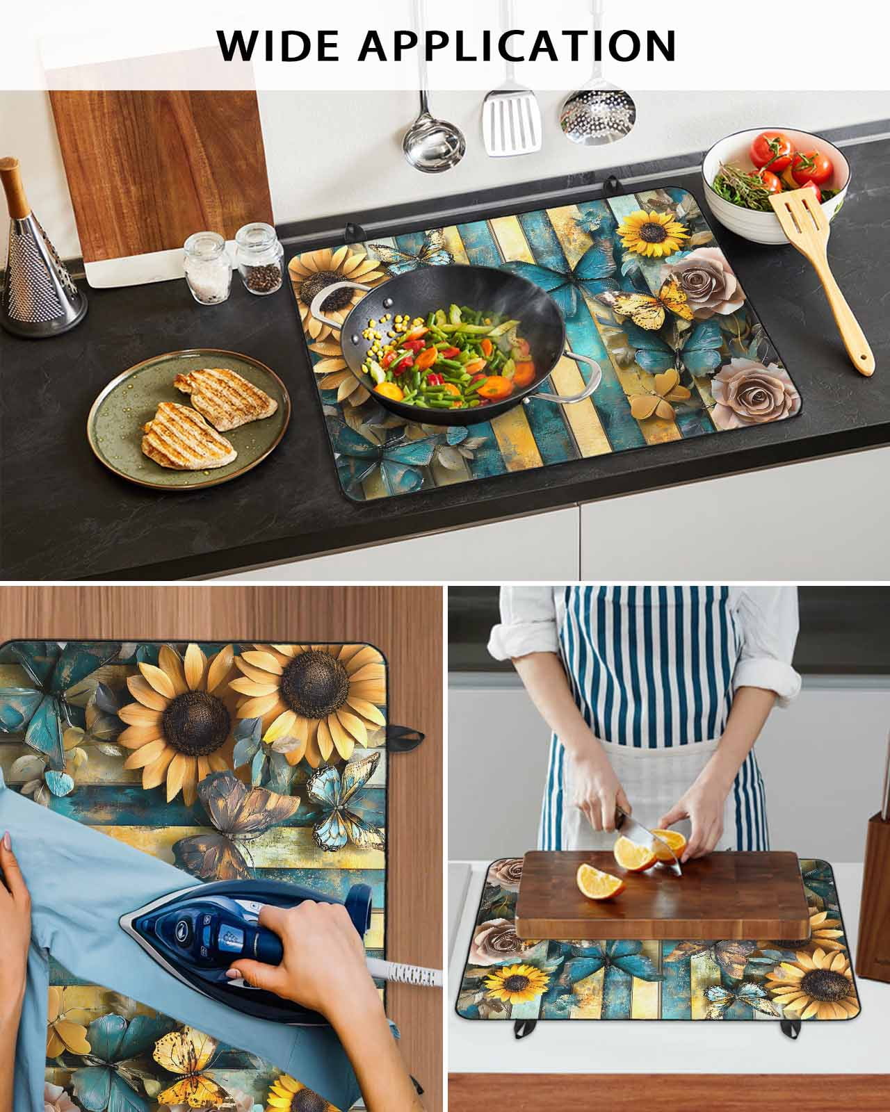 nqOlkjepod Large Induction Cooktop Protector Mat 24"x21", Butterfly Flower Stove Top Covers for Electric Stove, Yellow Teal Vertical Striped Vintage Stove Burner Cover Mats, Glass Top Stove Cover