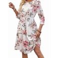 thumbnail image 3 of Women'S 3/4 Sleeve Round Neck Floral Print Midi Dress Summer Casual Dress White Flower M, 3 of 9