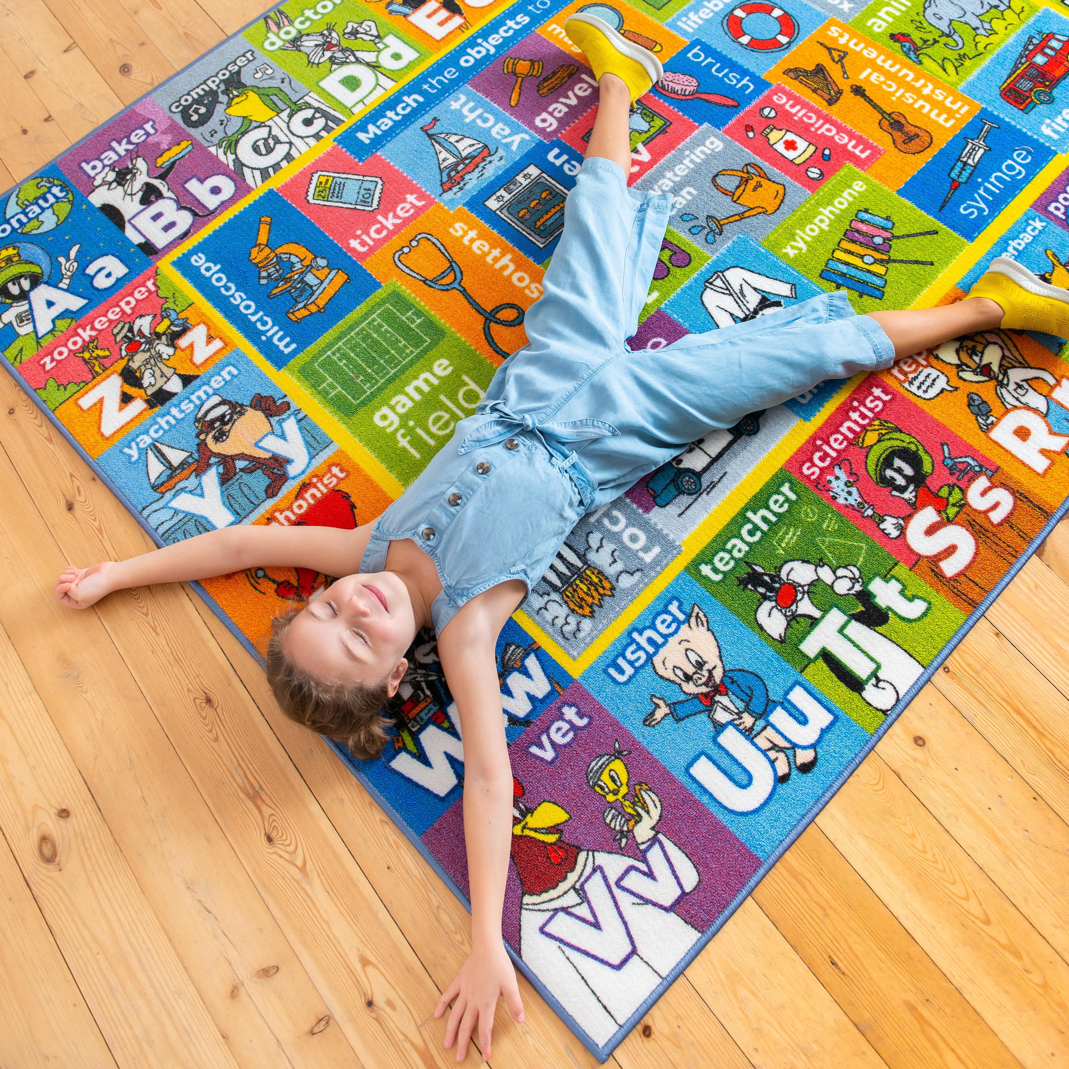 KC Cubs Alphabet Jobs Objects Matching Non‑Slip Rug Carpet Polypropylene Low Pile with Latex Rubber Backing