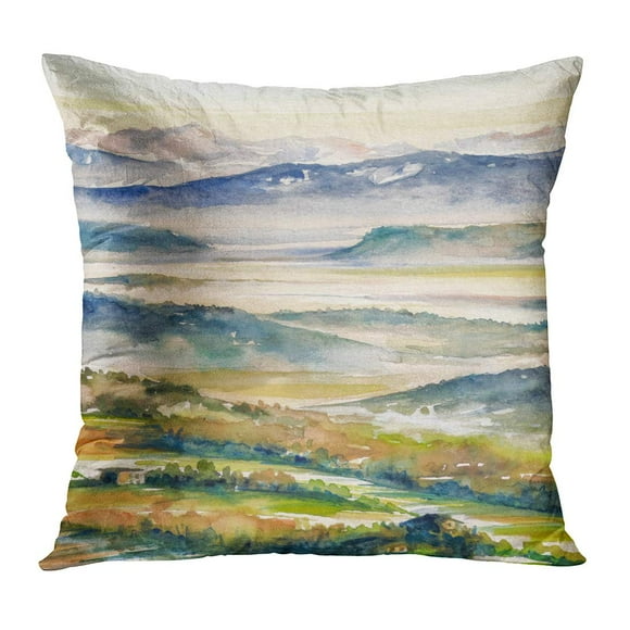 BOSDECO Green Abstract Watercolor Landscape Mist and Rising Sun Hills and River Agriculture Area Bush Cobweb Pillowcase Pillow Cover Cushion Case 20x20 inch