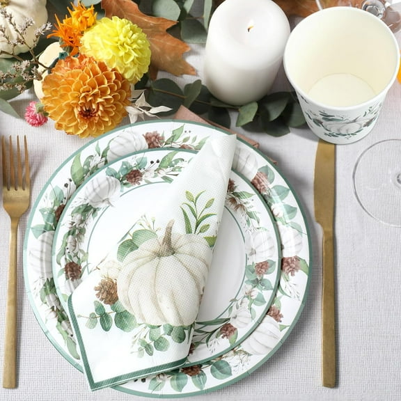 YUYAN-200 Pcs Fall Paper Plates and Napkins Set Thanksgiving Pumpkin Wreath Dinnerware 50 Guests Friendsgiving Green White Pumpkin Eucalyptus Plates Napkins for Bridal Baby Shower Birthday Supplies