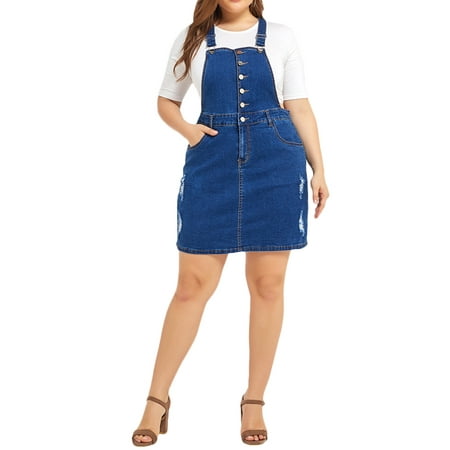 JDinms Women Vintage Denim Button Jeans Overall Dress With Pocket