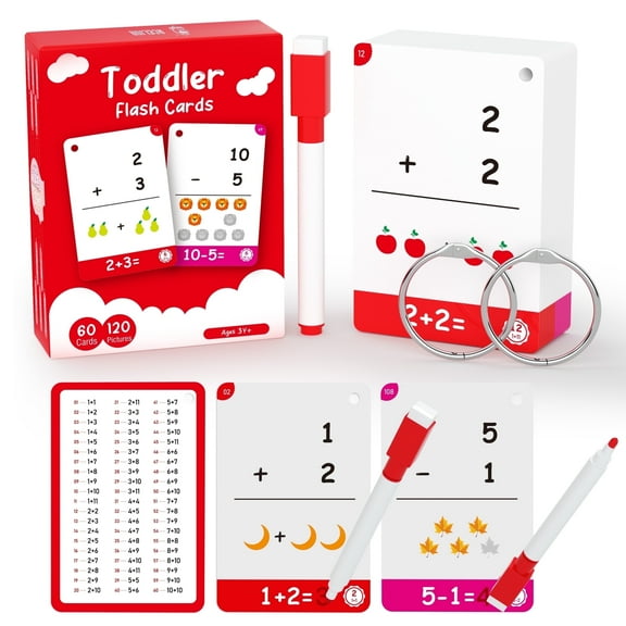 60Cards, 120 Pictures Math Flash Cards for Kindergarten,1ST, 2ND, 3RD Grade, Addition Flash Cards, Subtraction Flash Cards for Kids Ages 6,7,8,9,10 Years