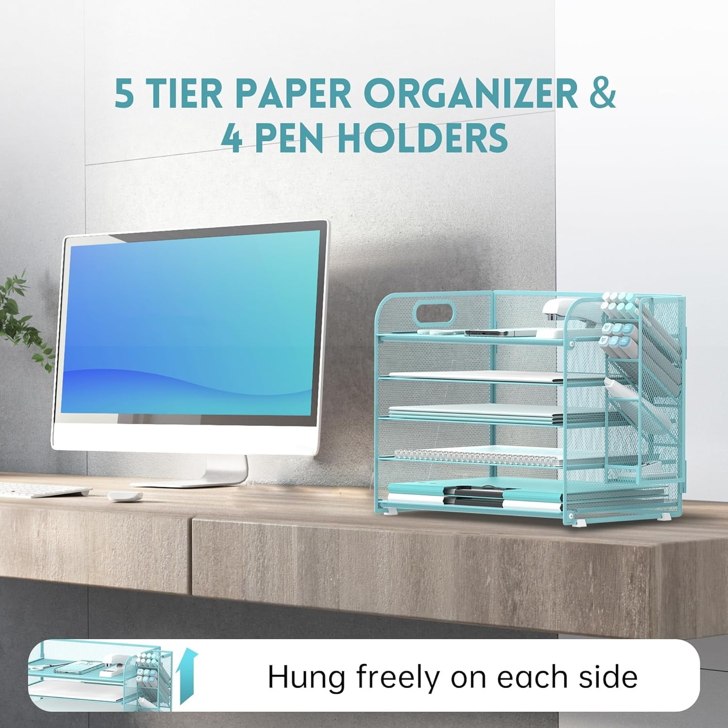 INTIGE 5 Tier Metal Mesh Desk File Organizer with Handle and Pen Holders, Blue, 1 Piece