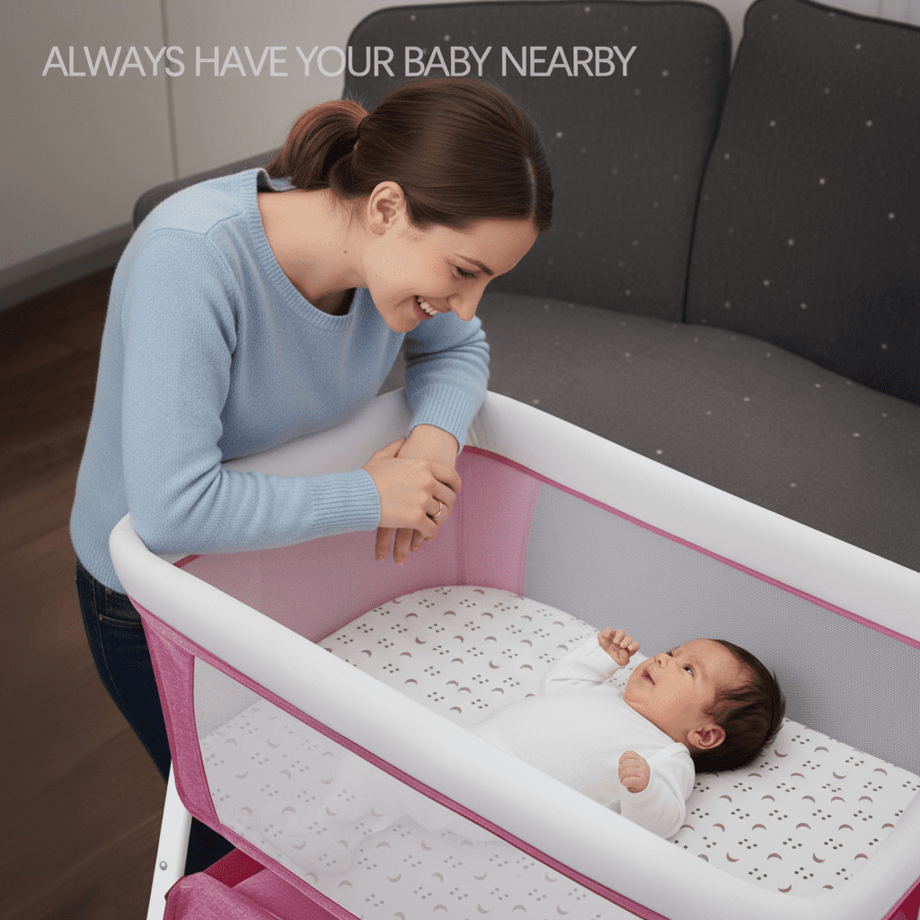 StarZe 4 in 1 Infant Baby Bassinet Bedside with Mosquito Net and Storage Rack,5 Auto-Lock Adjustable Height Baby Crib for 0-24 Months,Pink
